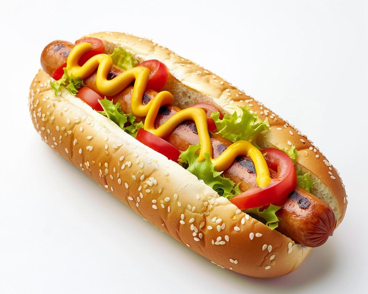 Hot dog with ketchup and lettuce on a bun photo