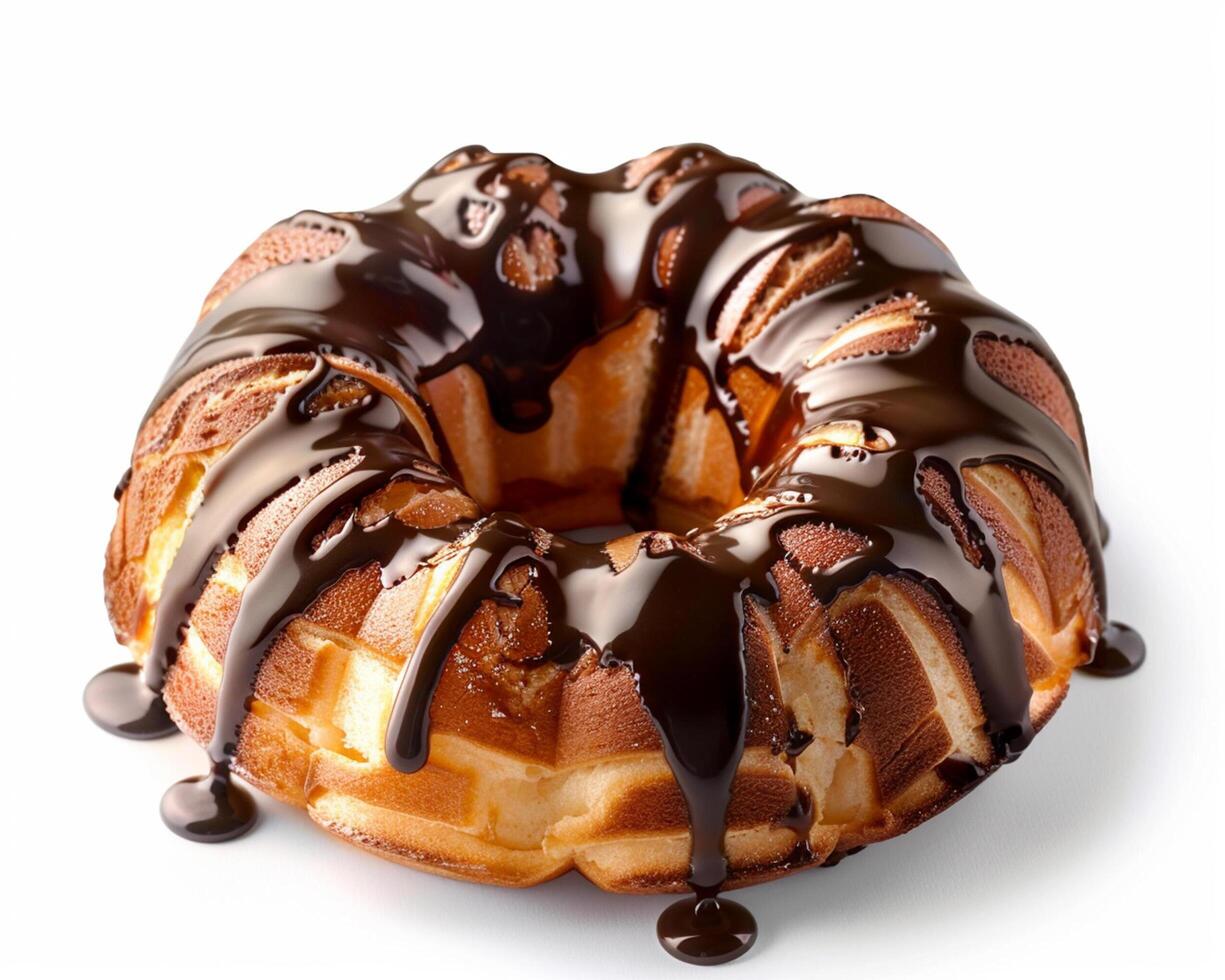 Bundt cake with chocolate drizzle on top photo