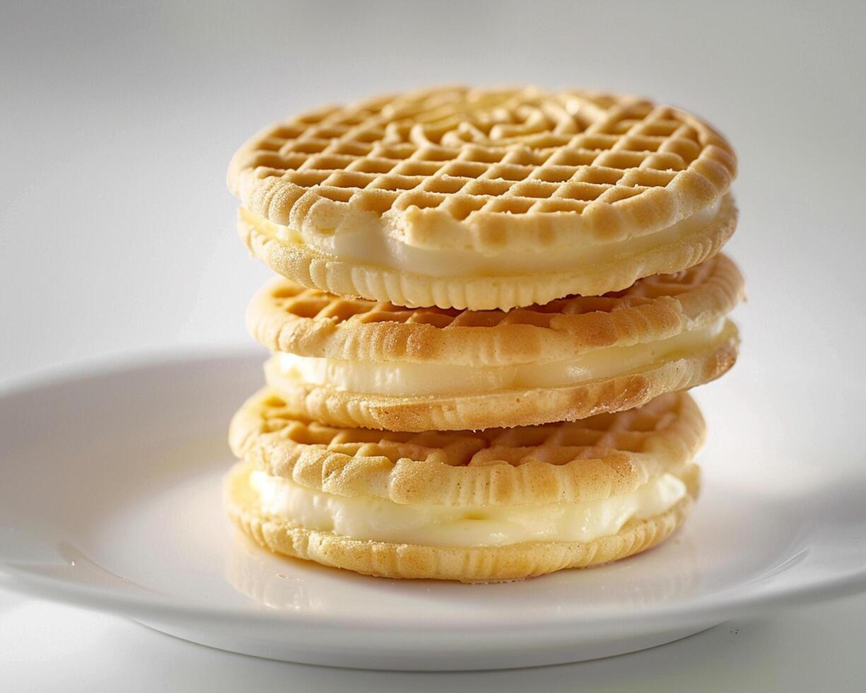 Three waffles are stacked on a plate photo