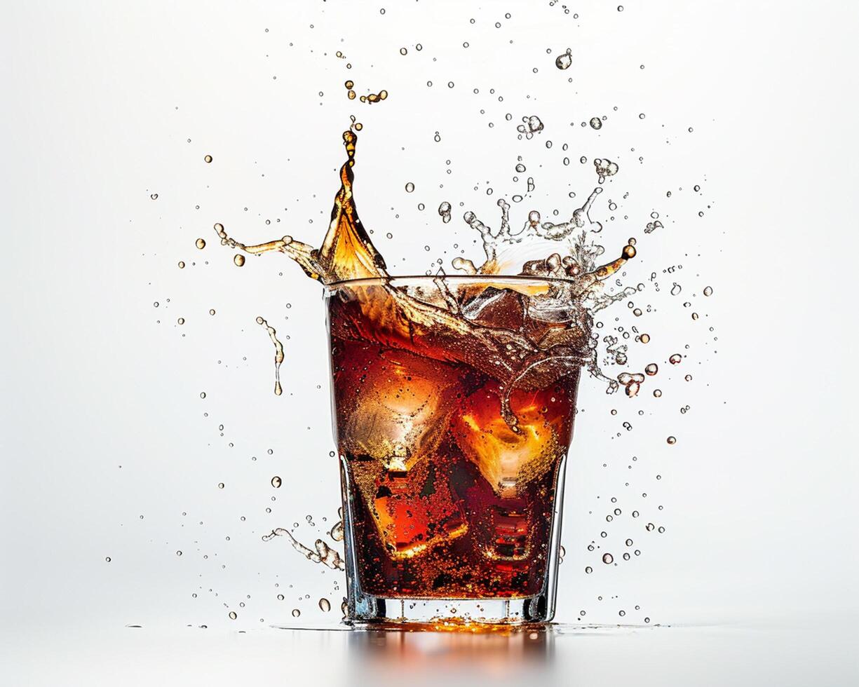 a glass of cola with ice and splash photo