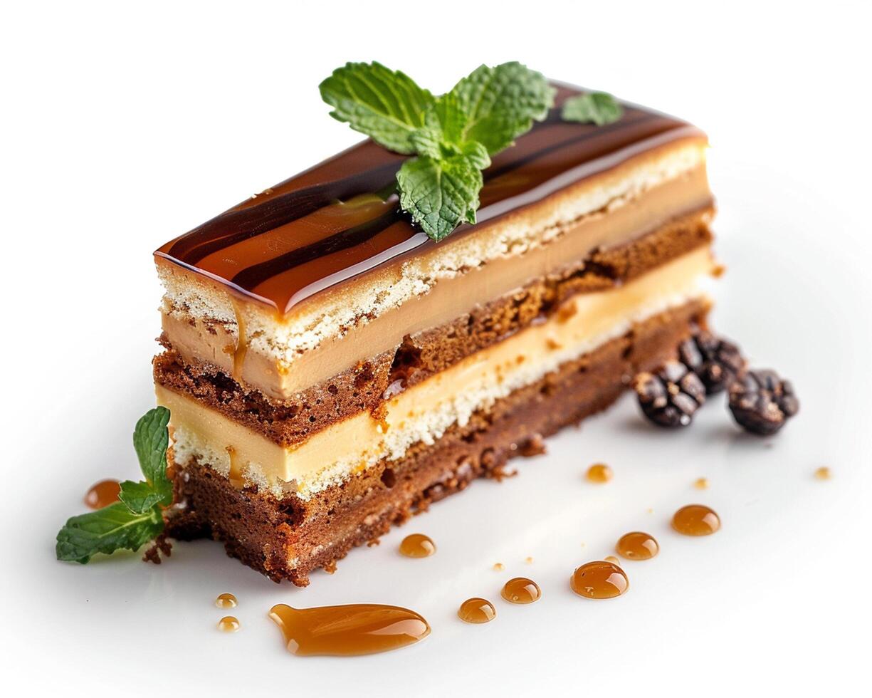 a piece of cake with chocolate, caramel and mint photo