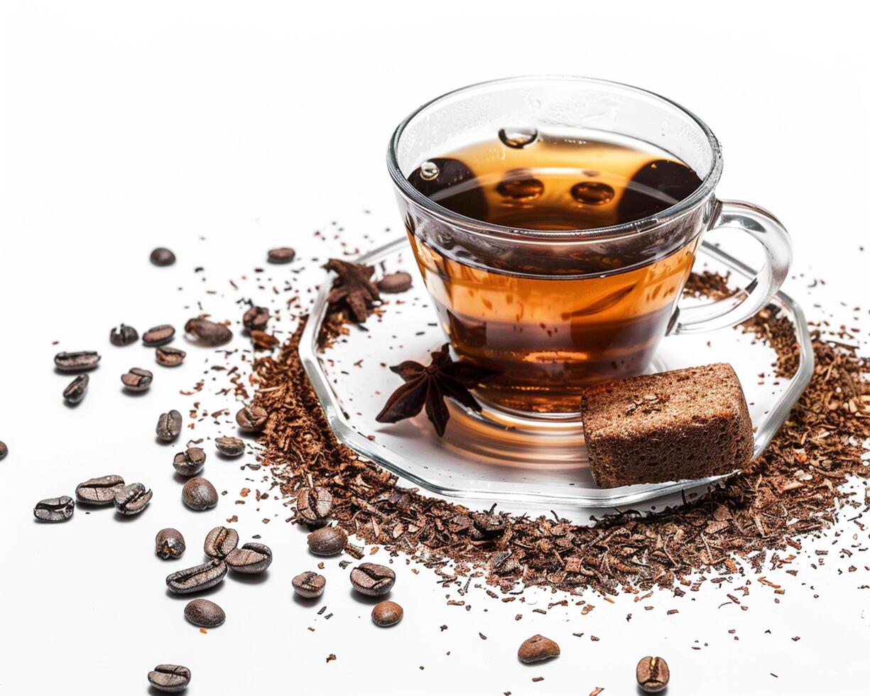 coffee beans and a cup of tea on a white background photo