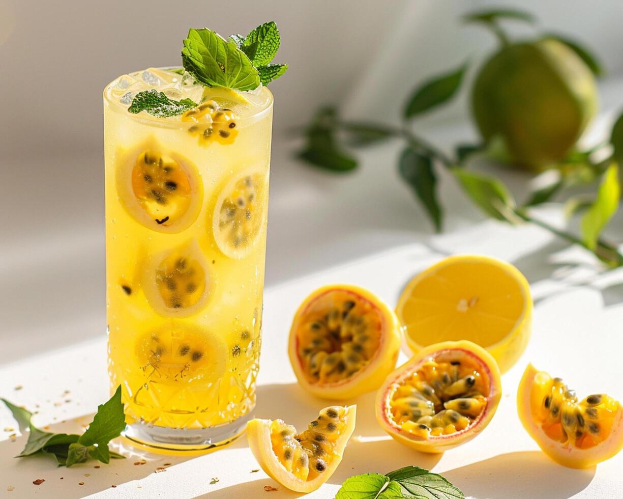passion fruit juice with passion fruit and mint leaves photo