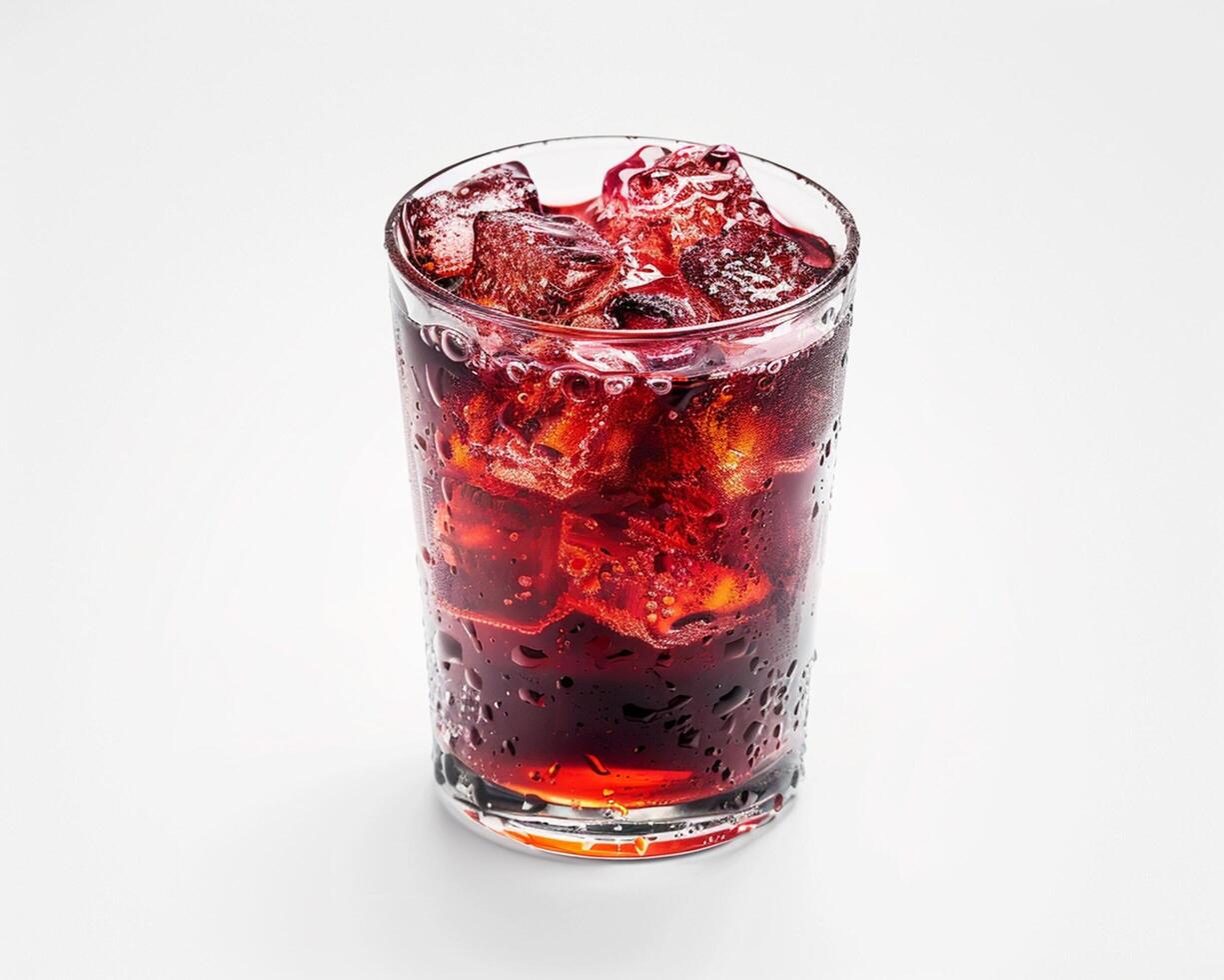 a glass of red drink with ice cubes photo