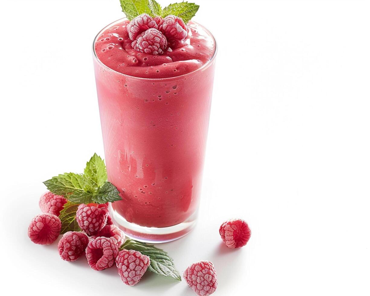 a smoothie with raspberries and mint leaves photo