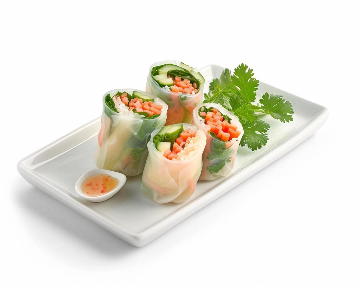 rice paper rolls with vegetables and sauce photo