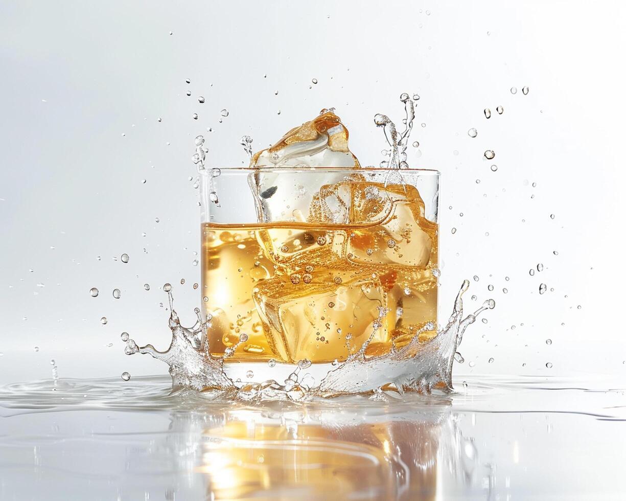 a glass of whiskey with ice cubes photo