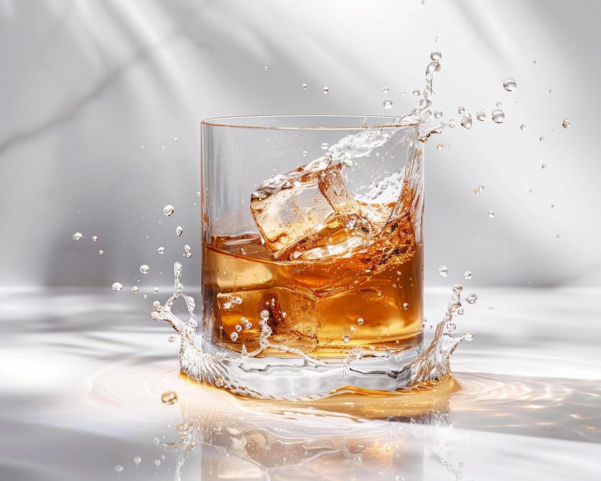 a glass of whiskey with ice and splash photo