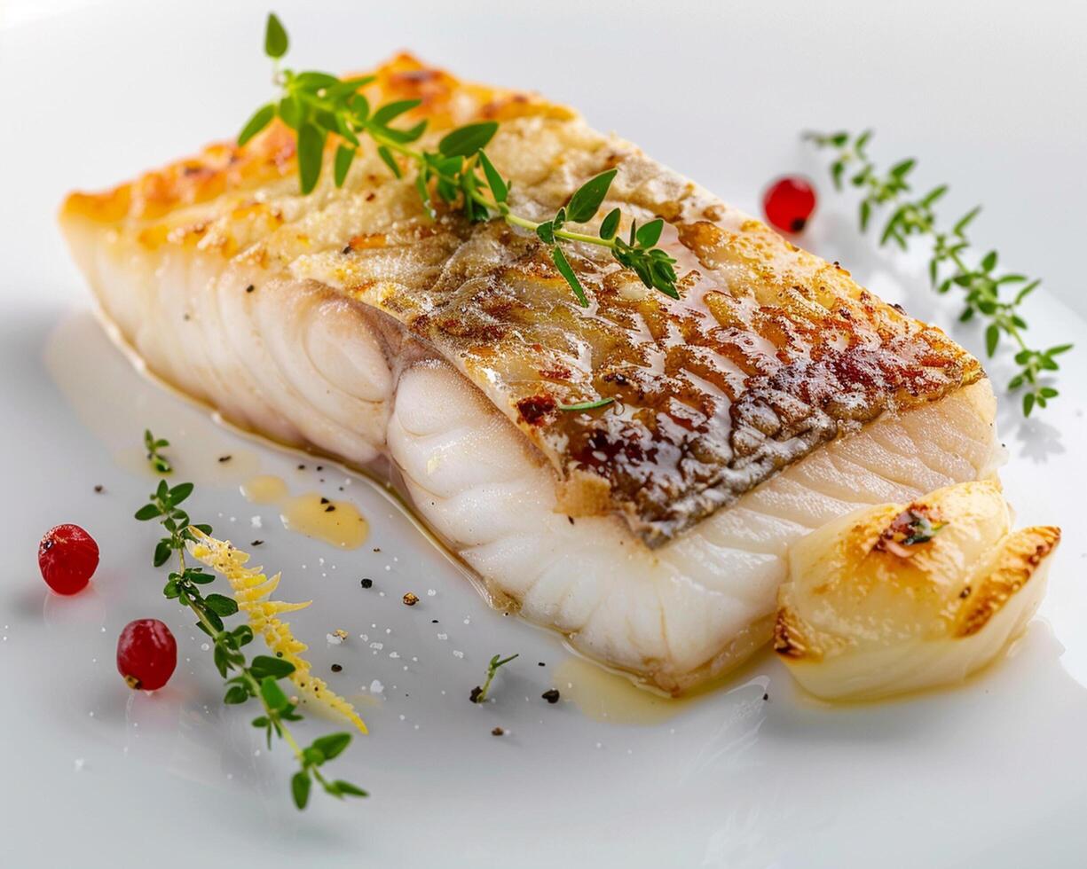 a piece of fish on a white plate photo
