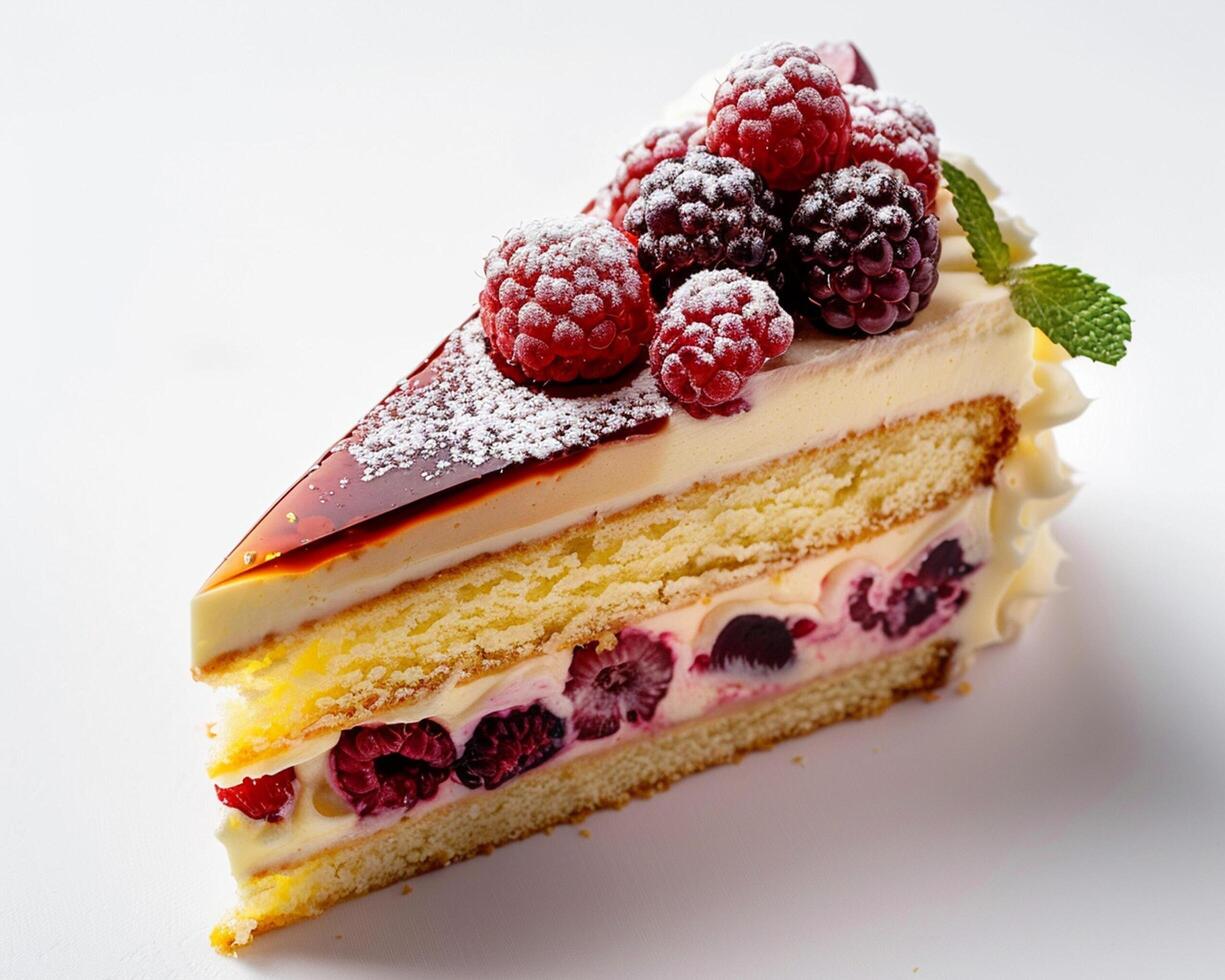 a slice of cake with raspberries and cream photo