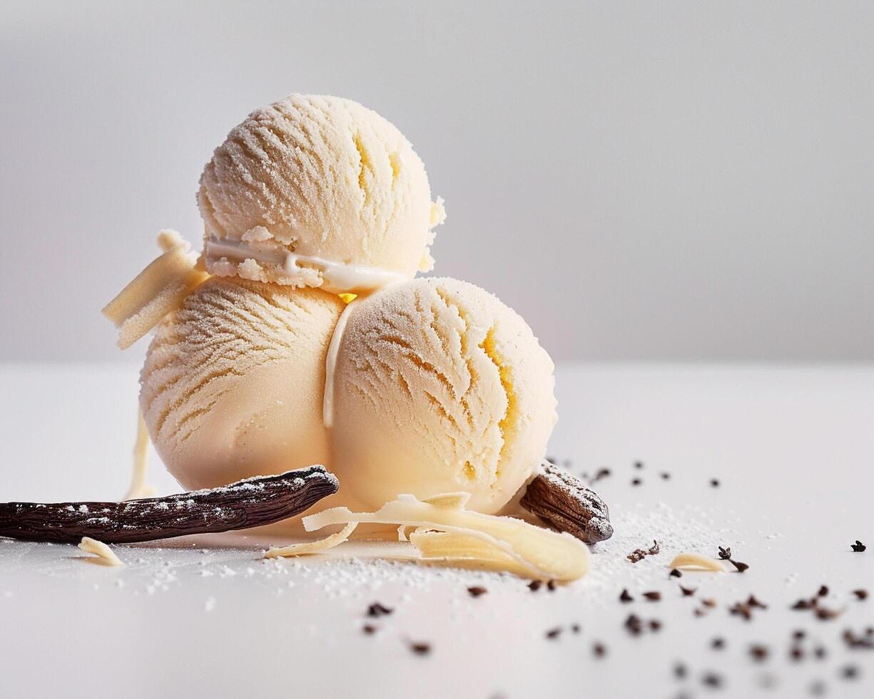 three scoops of ice cream with chocolate and vanilla photo