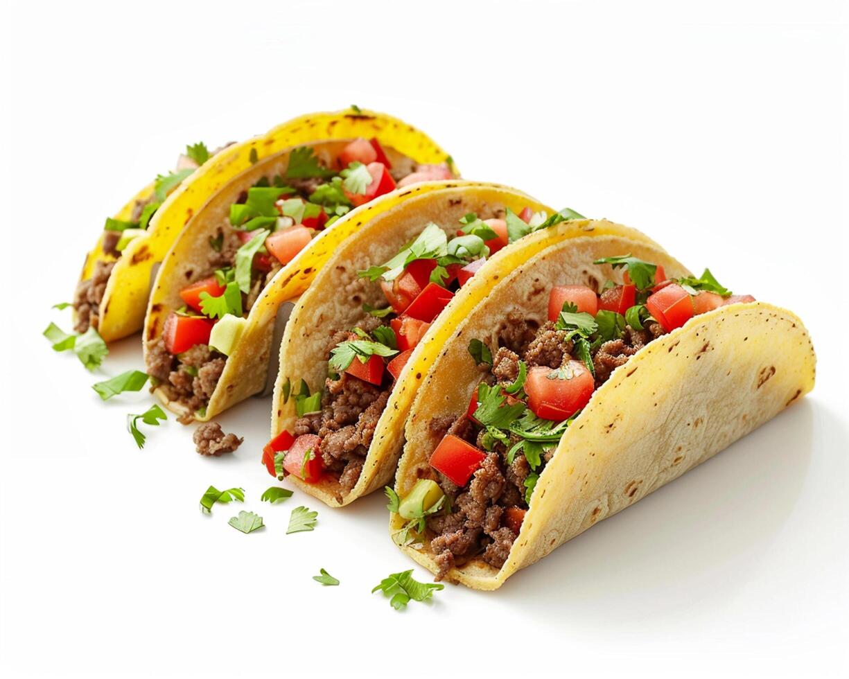three tacos with meat and vegetables on a white surface photo