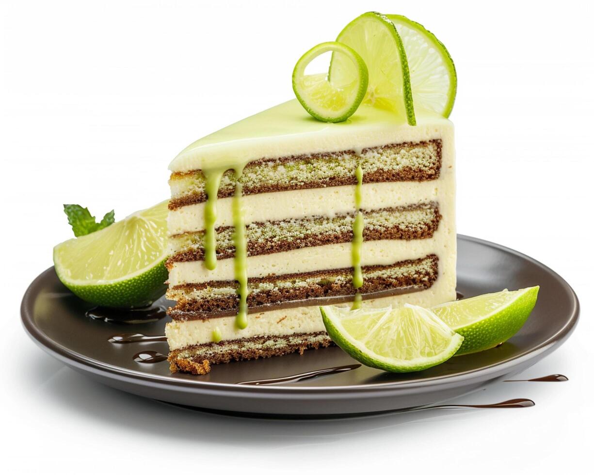 a slice of cake with lime slices on top photo