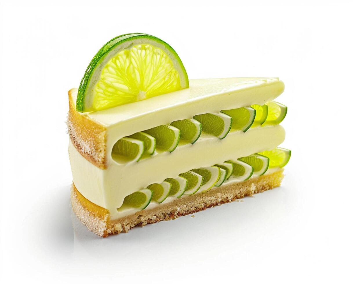 a slice of cake with lime slices on top photo