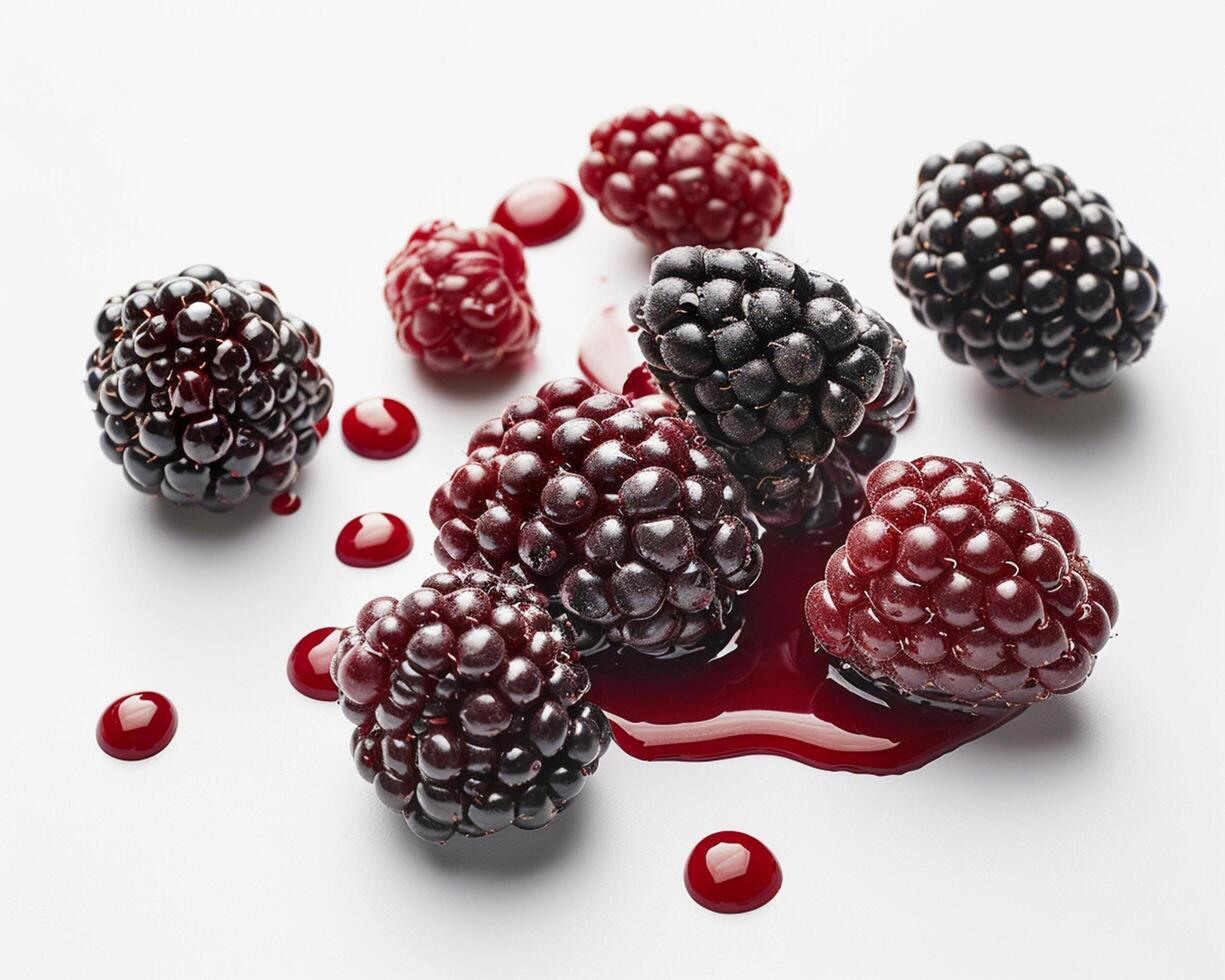 Blackberries and Raspberries are Shown on a White Surface photo