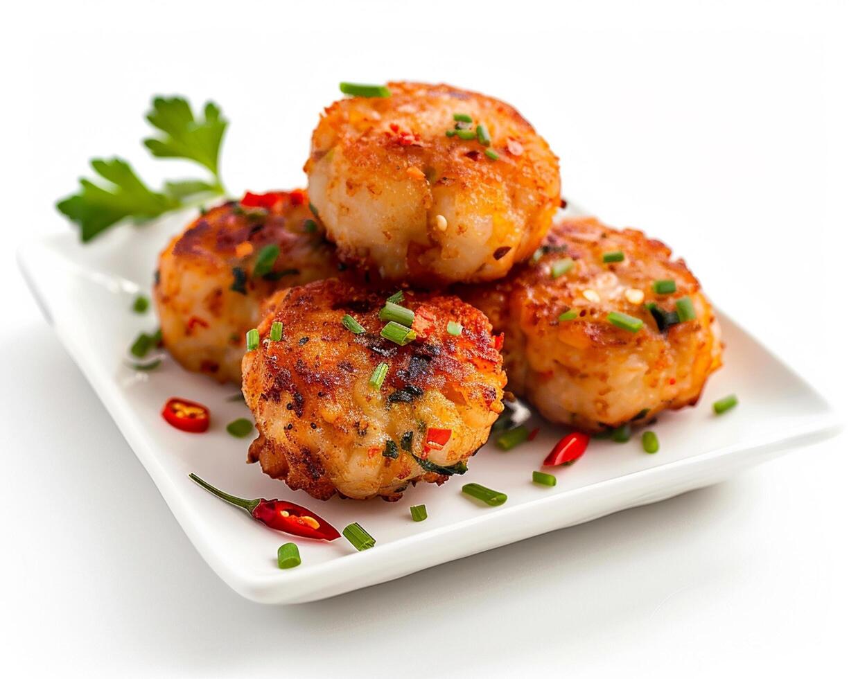 three crab cakes on a white plate photo