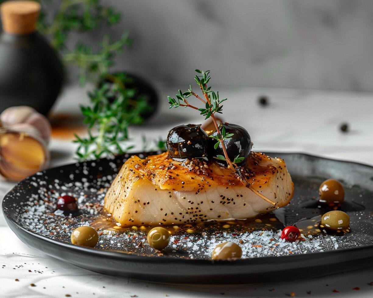 A Plate of Food with Olives and Spices photo