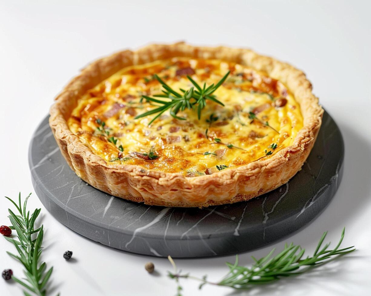 A Quiche with Herbs and Cheese on a Plate photo