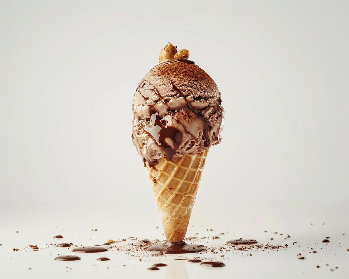 An Ice Cream Cone with Chocolate and Nuts on It photo