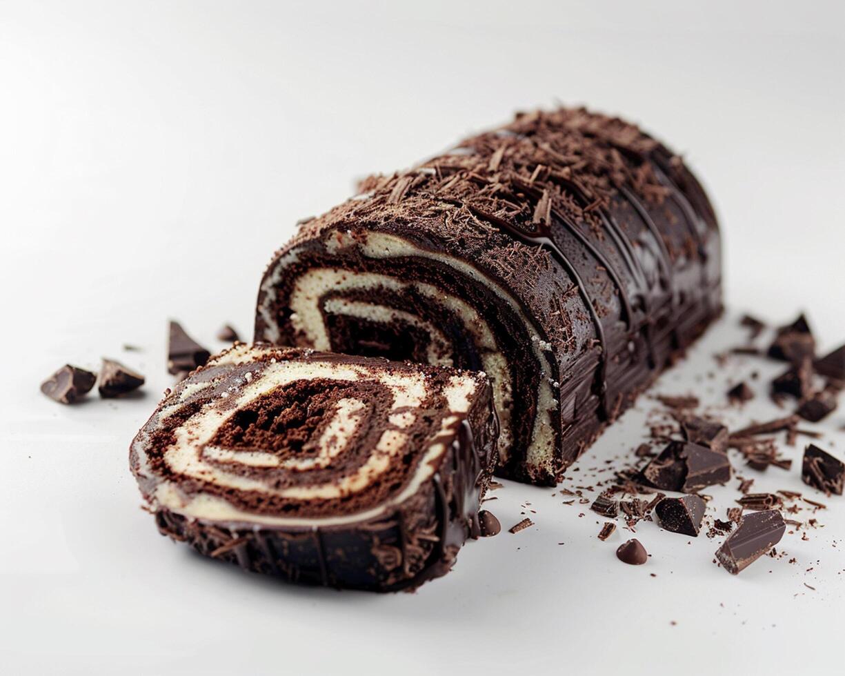 A Chocolate Roll with a Slice Taken Out photo