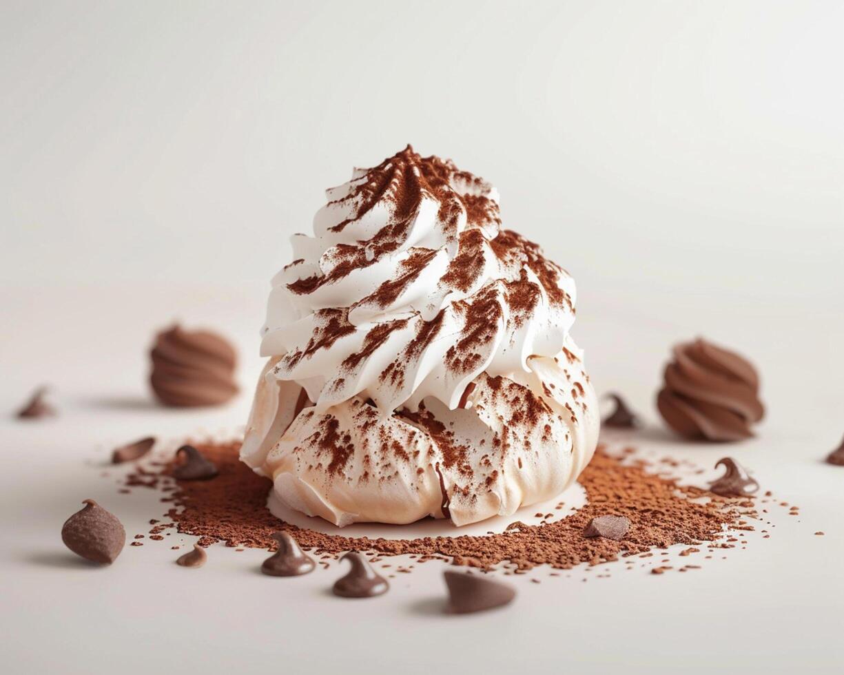 Chocolate Meringue Topped with Whipped Cream and Chocolate Chips photo