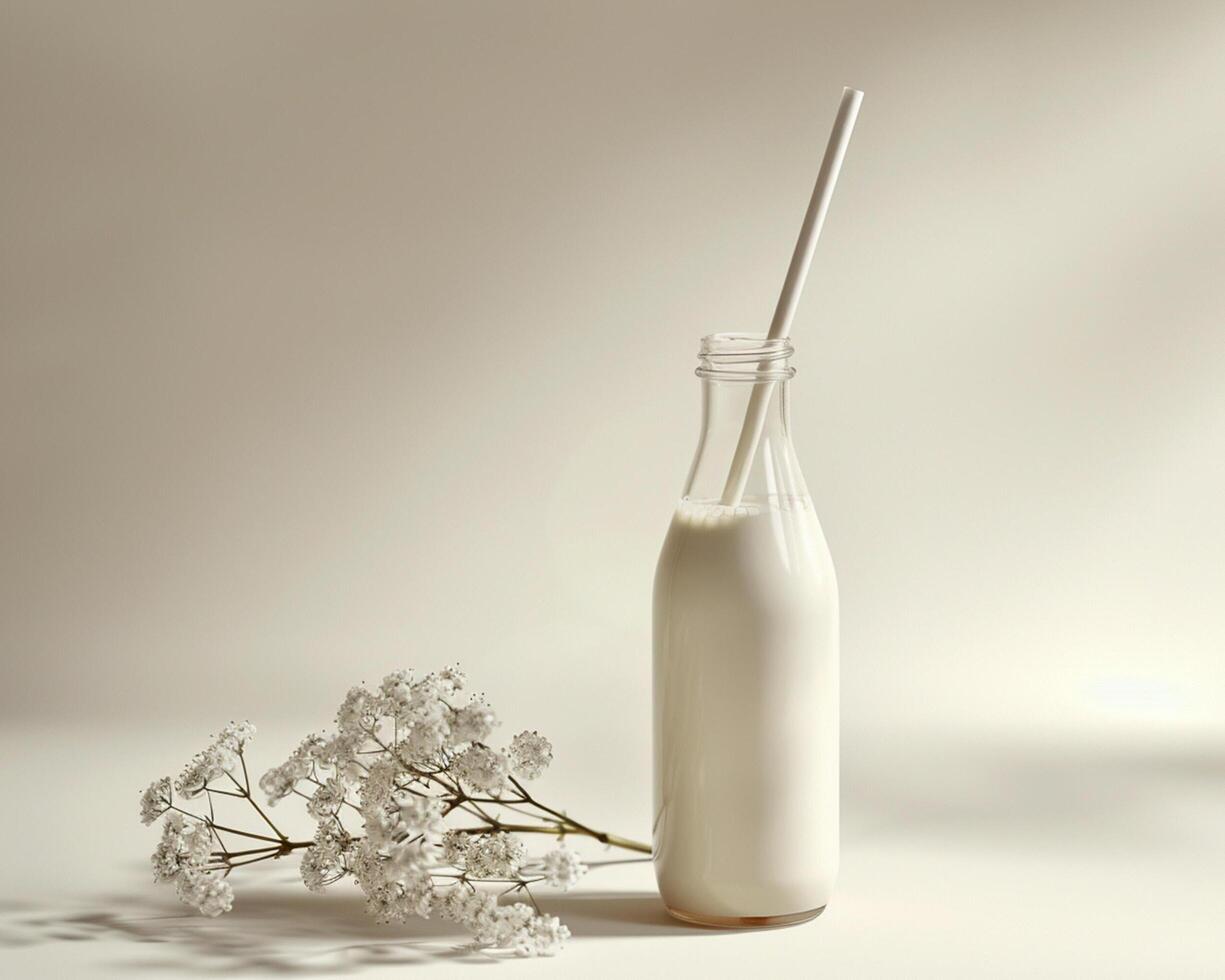 A Bottle of Milk and a Flower on a Table photo