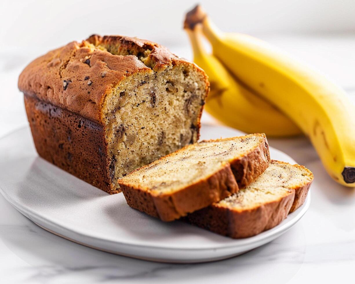 A Loaf of Banana Bread on a Plate Next to a Banana photo