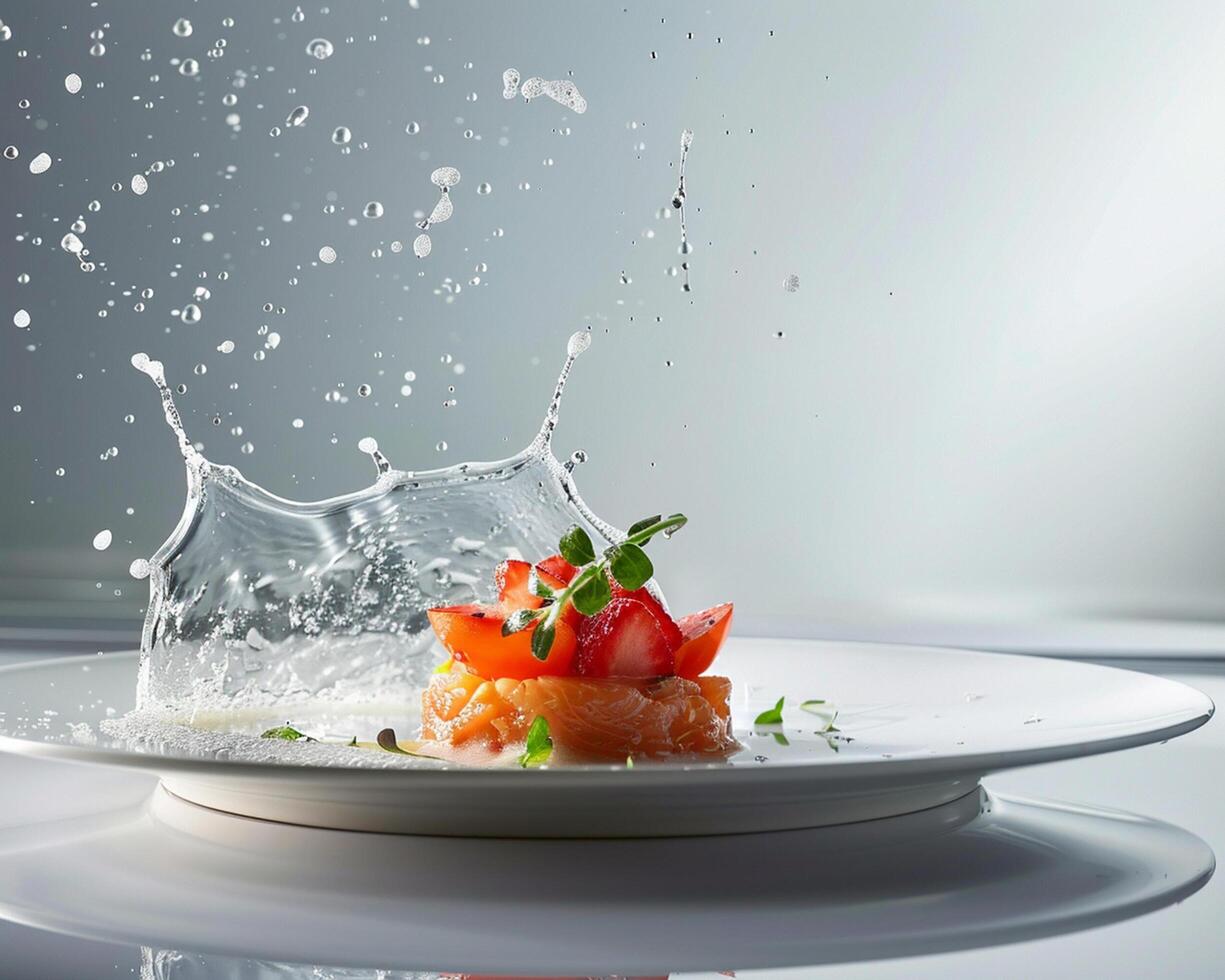 A Plate with Food on It and Water Splashing on It photo
