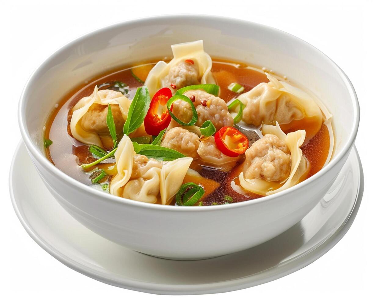 A Bowl of Soup with Dumplings and Meat photo