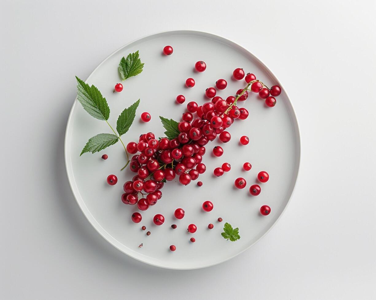 A Plate with Red Currants and Leaves on It photo