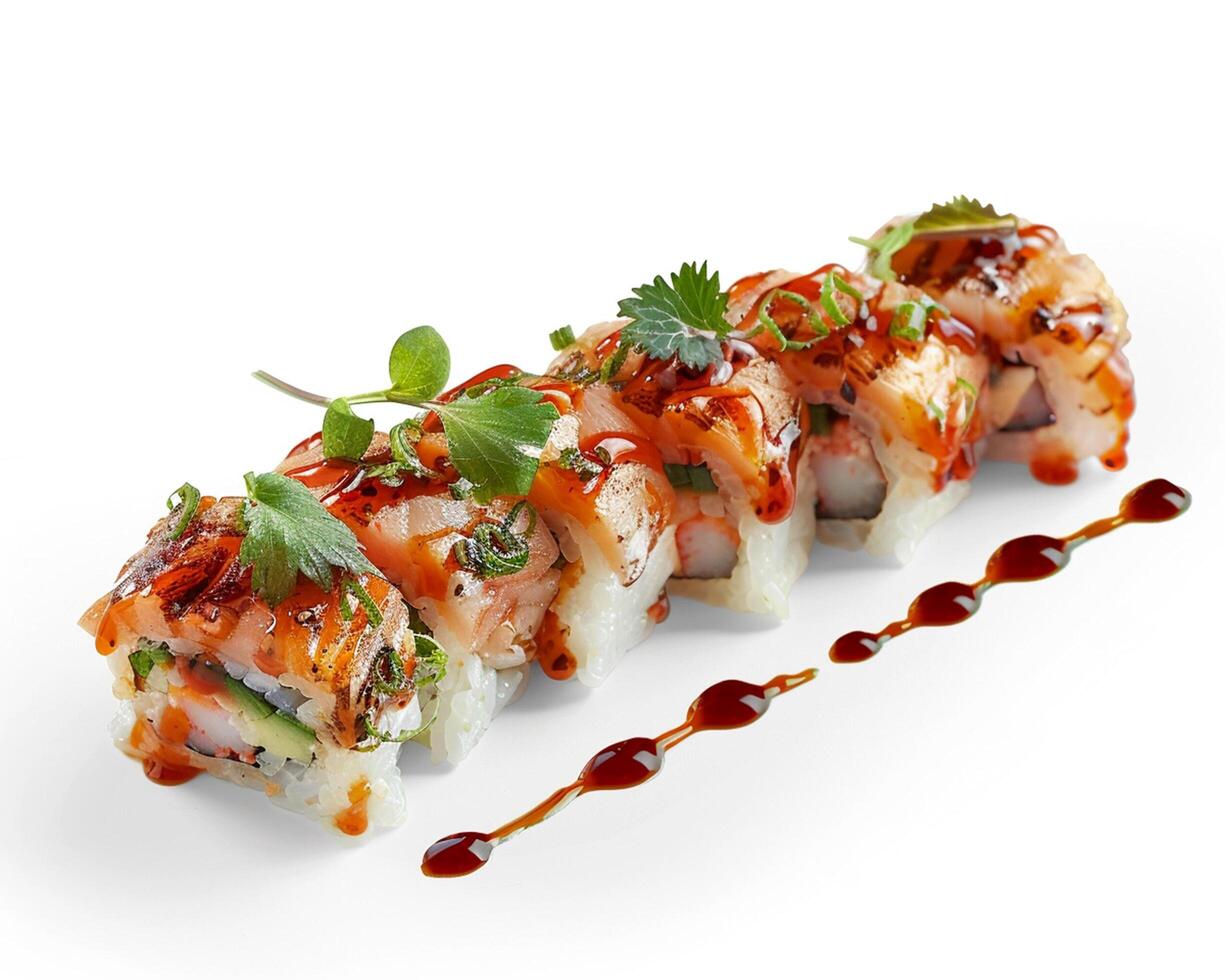 A Sushi Roll with Sauce and Garnish photo