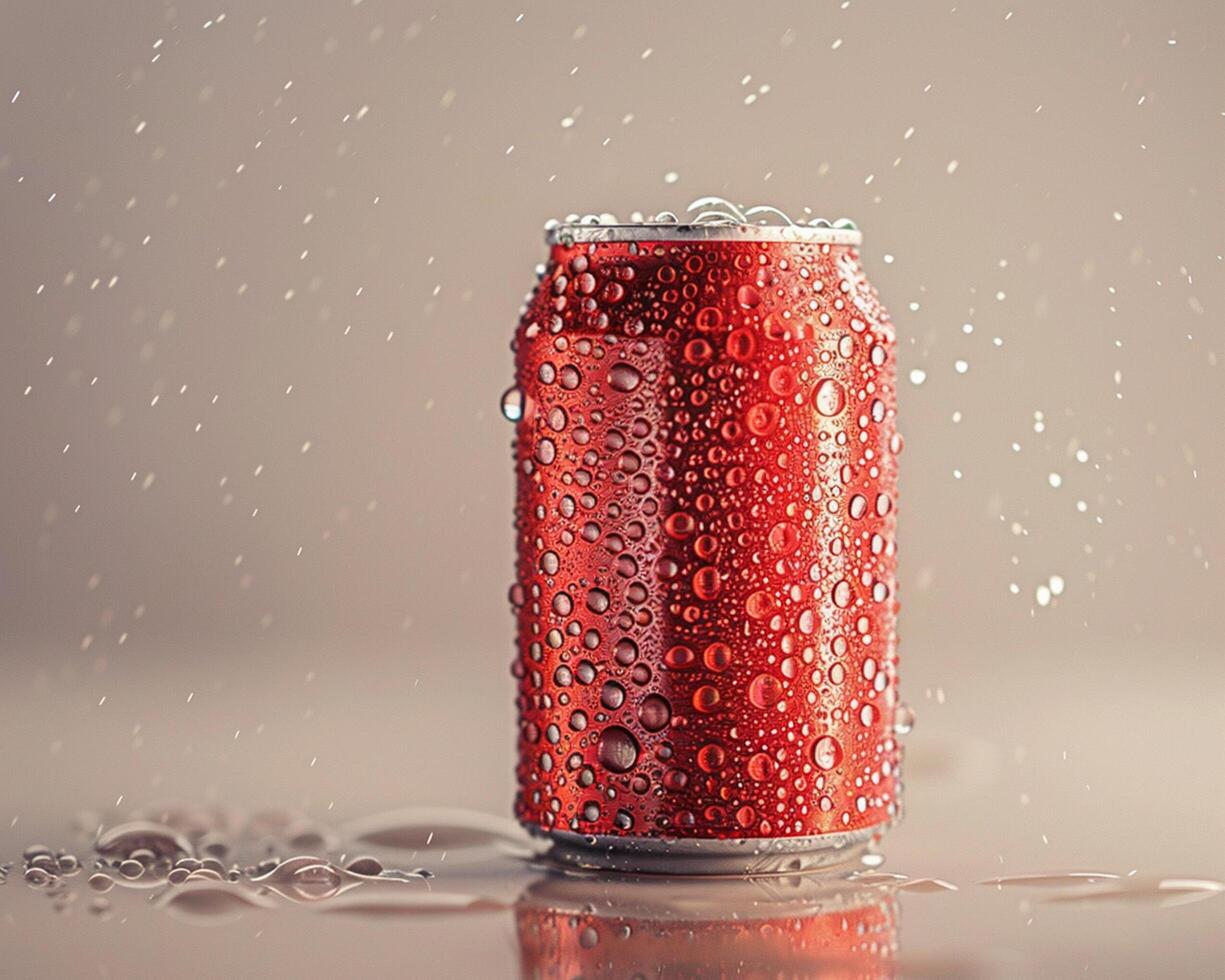 a red soda can with water droplets on it photo