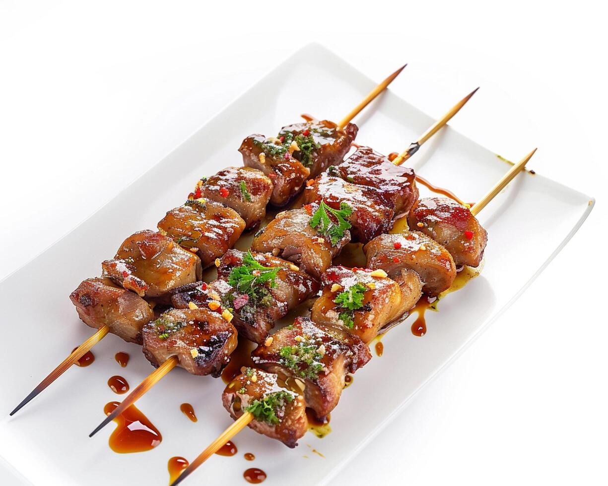 A Plate with Meat Skewers on It photo
