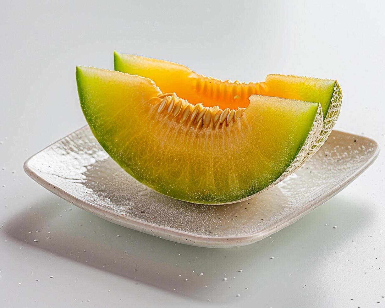 a white plate with a melon on it photo