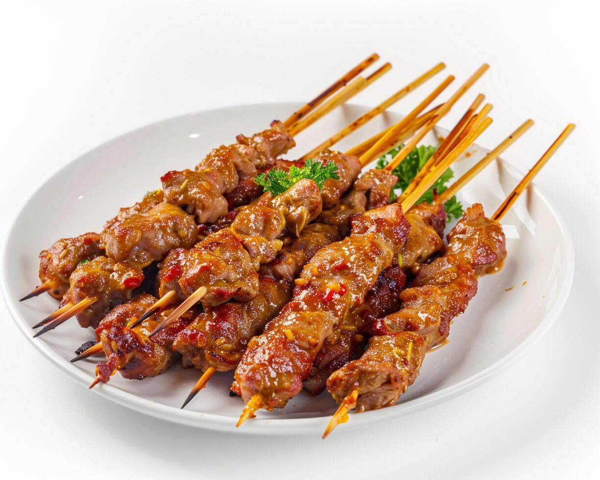 a plate of meat skewers on a white surface photo