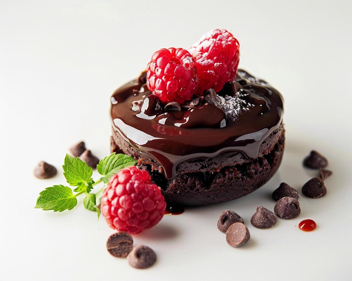 a chocolate cake with raspberries and chocolate chips photo