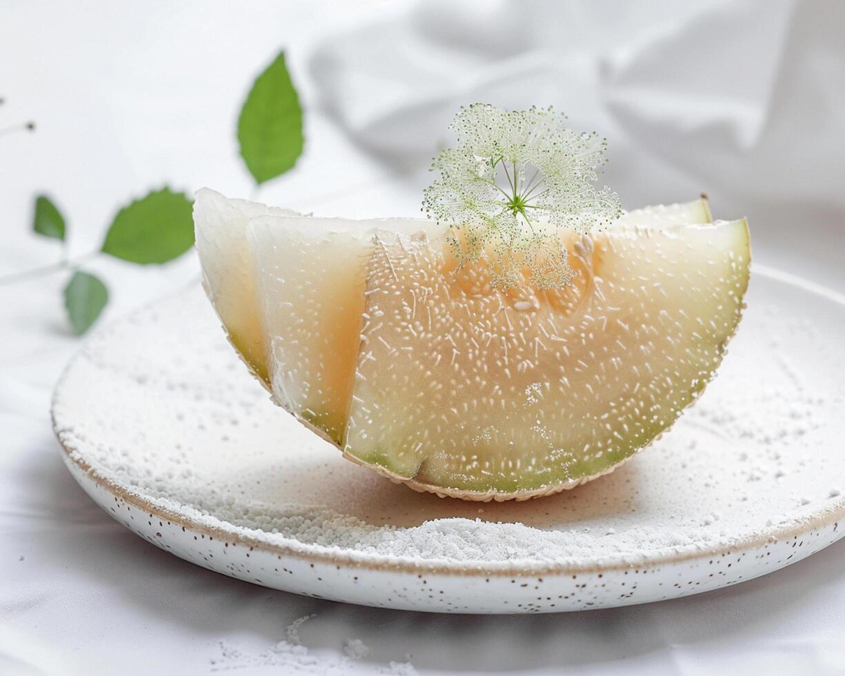 a slice of melon on a white plate photo