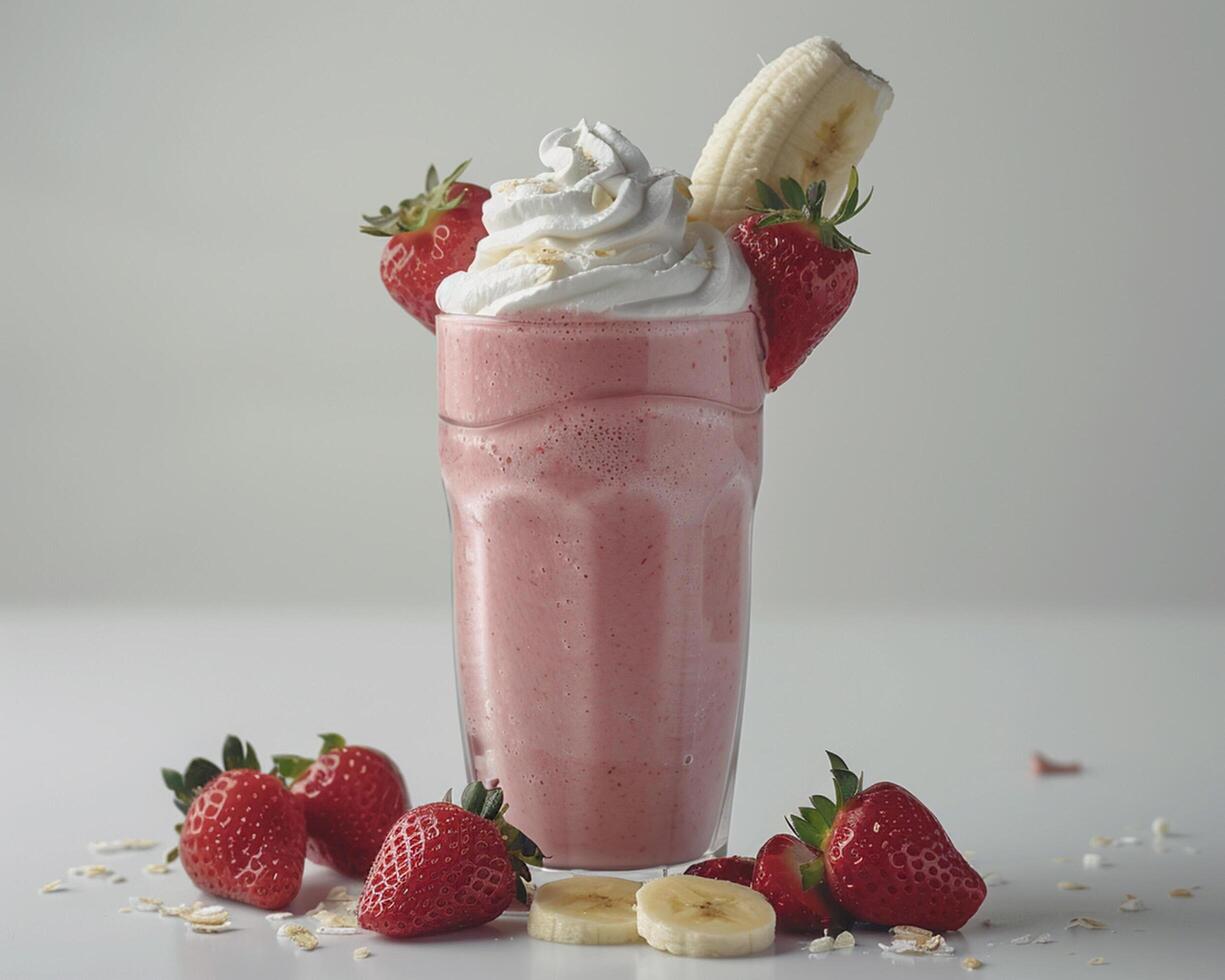 a strawberry milkshake with whipped cream and bananas photo