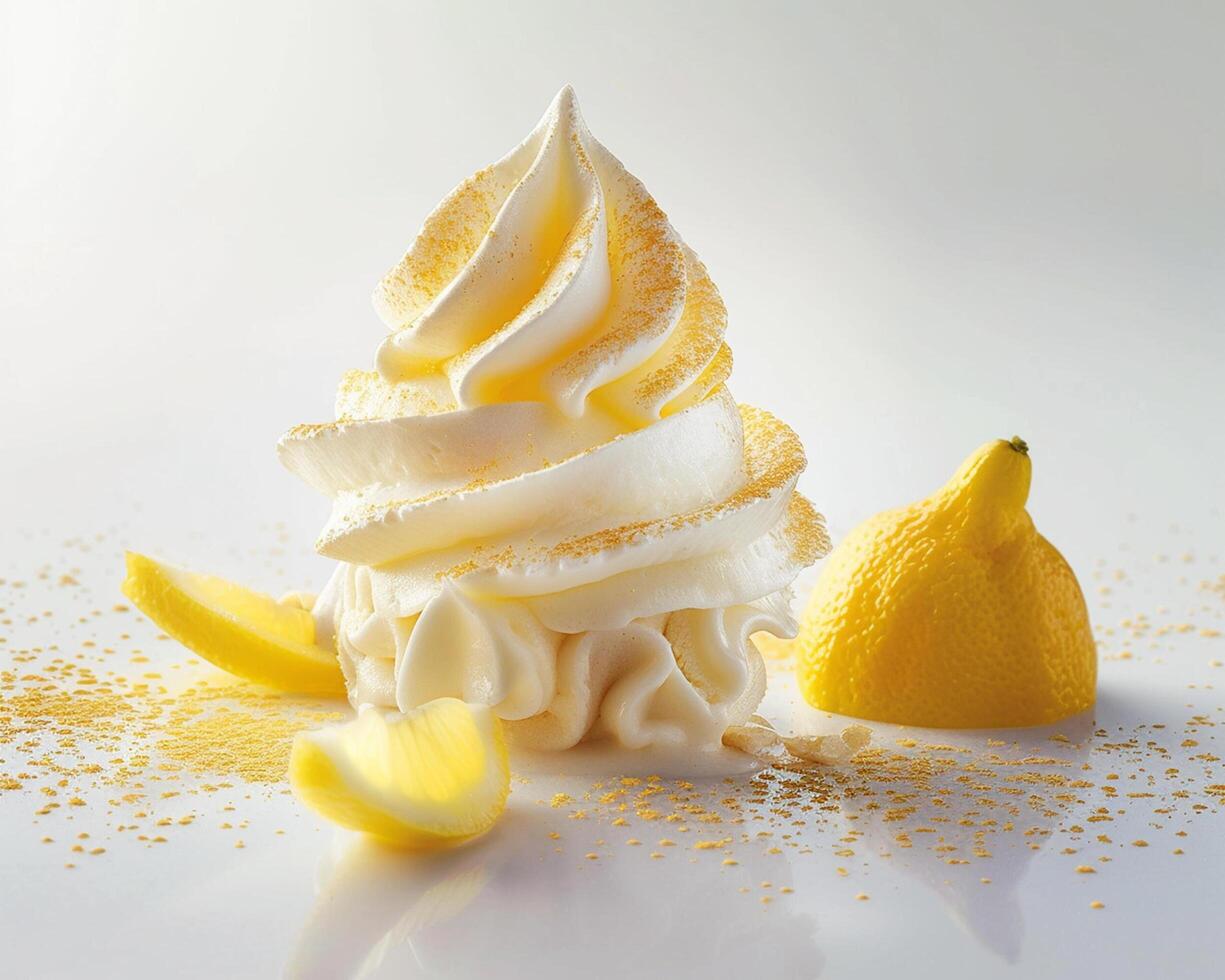 a lemon meringue pie with whipped cream and a lemon photo