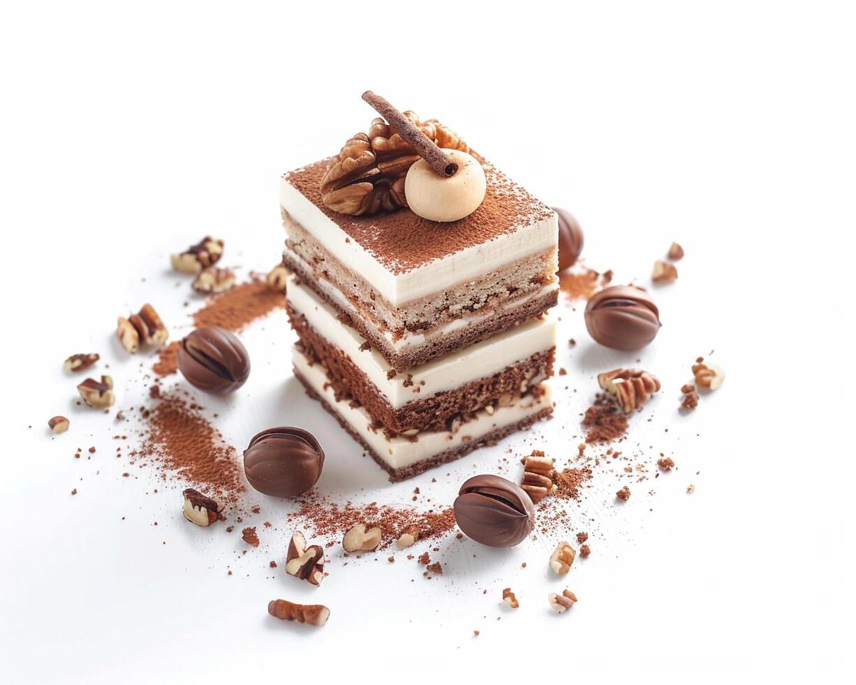 a piece of cake with chocolate and nuts on top photo