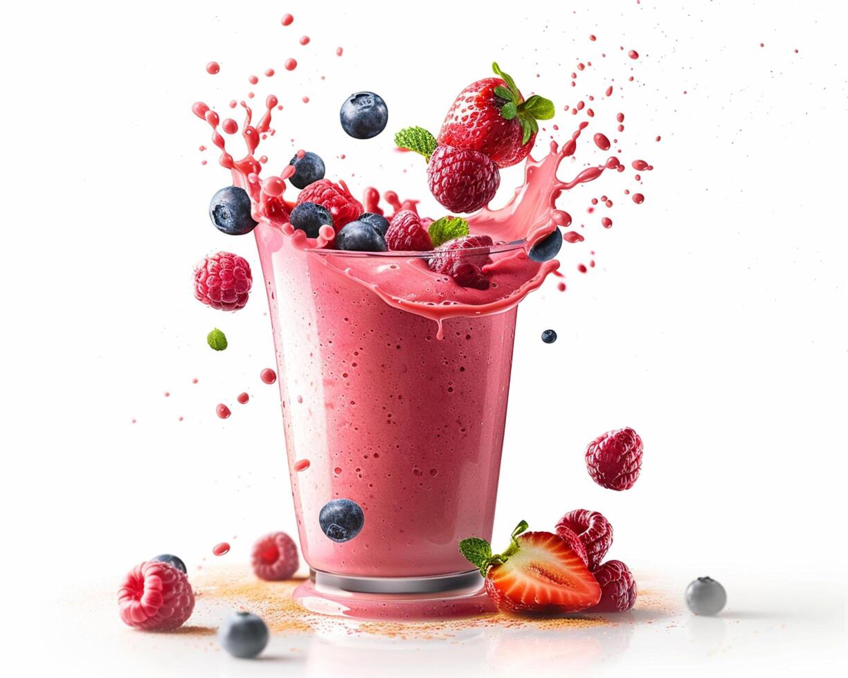 a smoothie with berries and raspberries falling into it photo