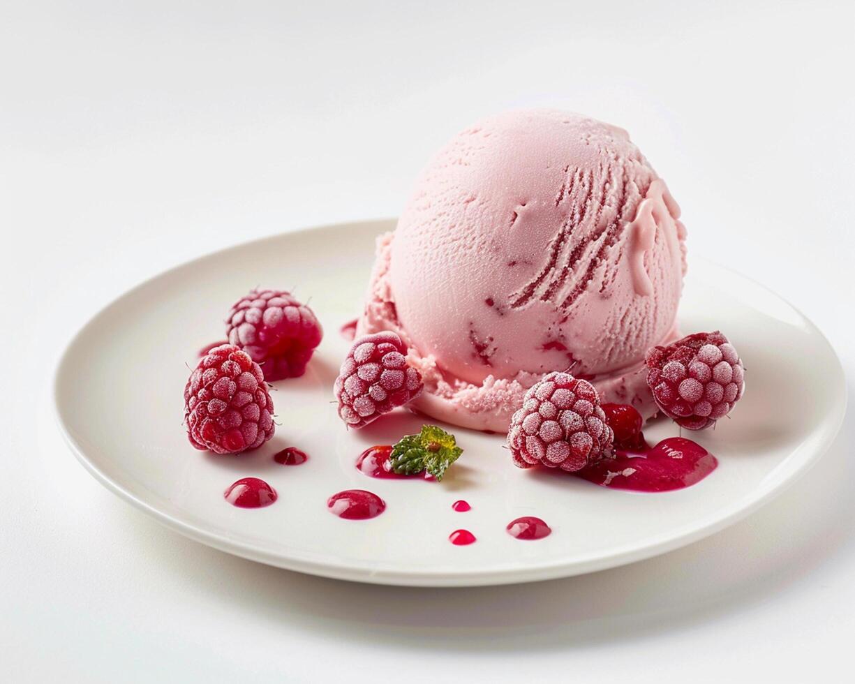 A scoop of ice cream with raspberries on a white plate photo
