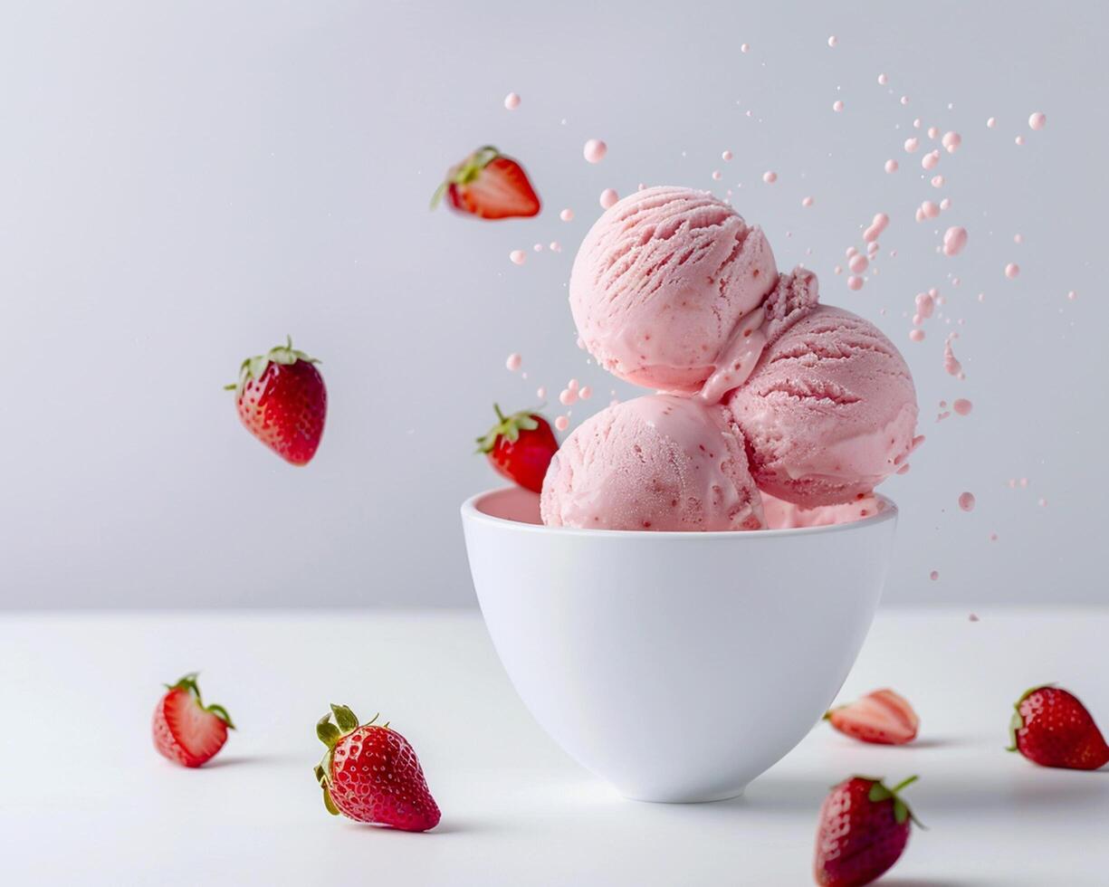 Three scoops of ice cream in a bowl with strawberries photo