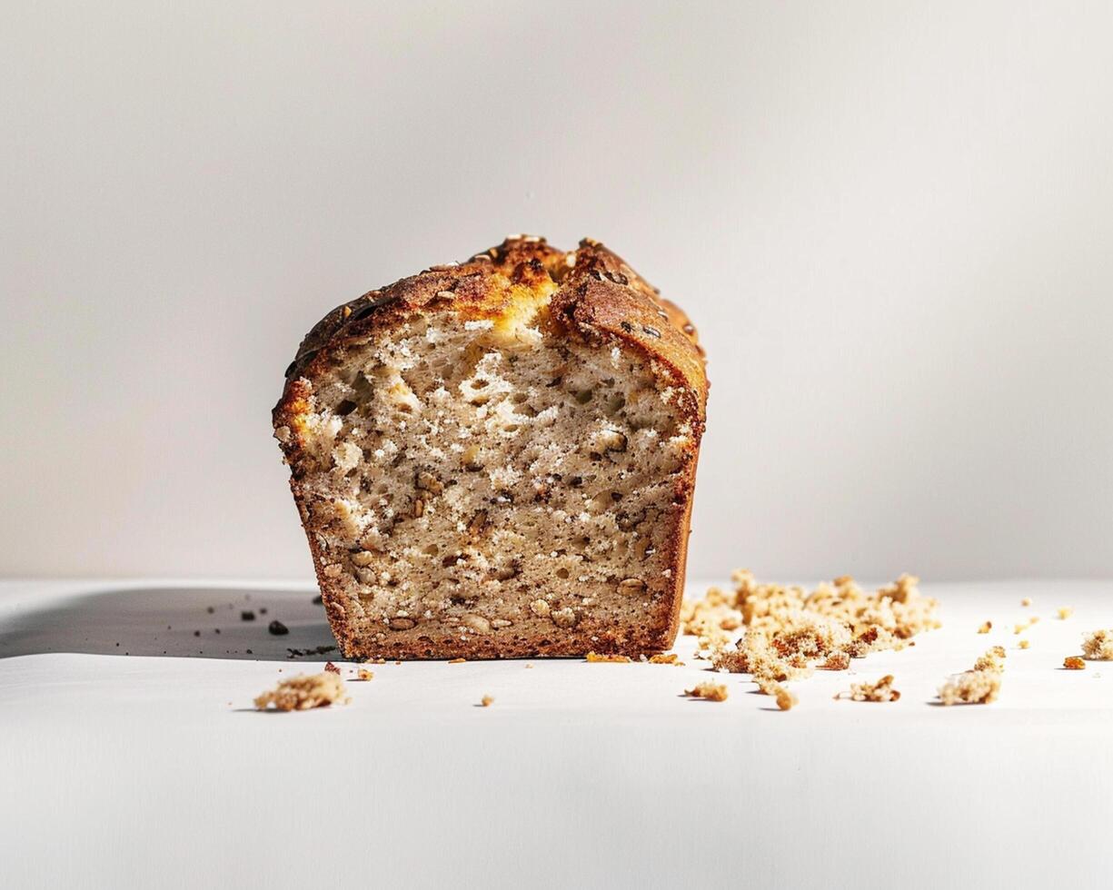 a loaf of bread with a piece missing on a white surface photo