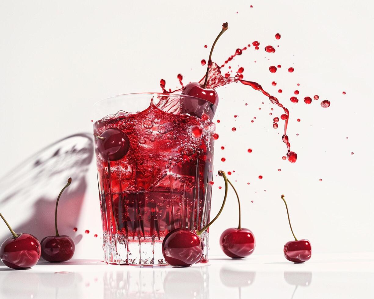 cherries being splashed into a glass of liquid photo