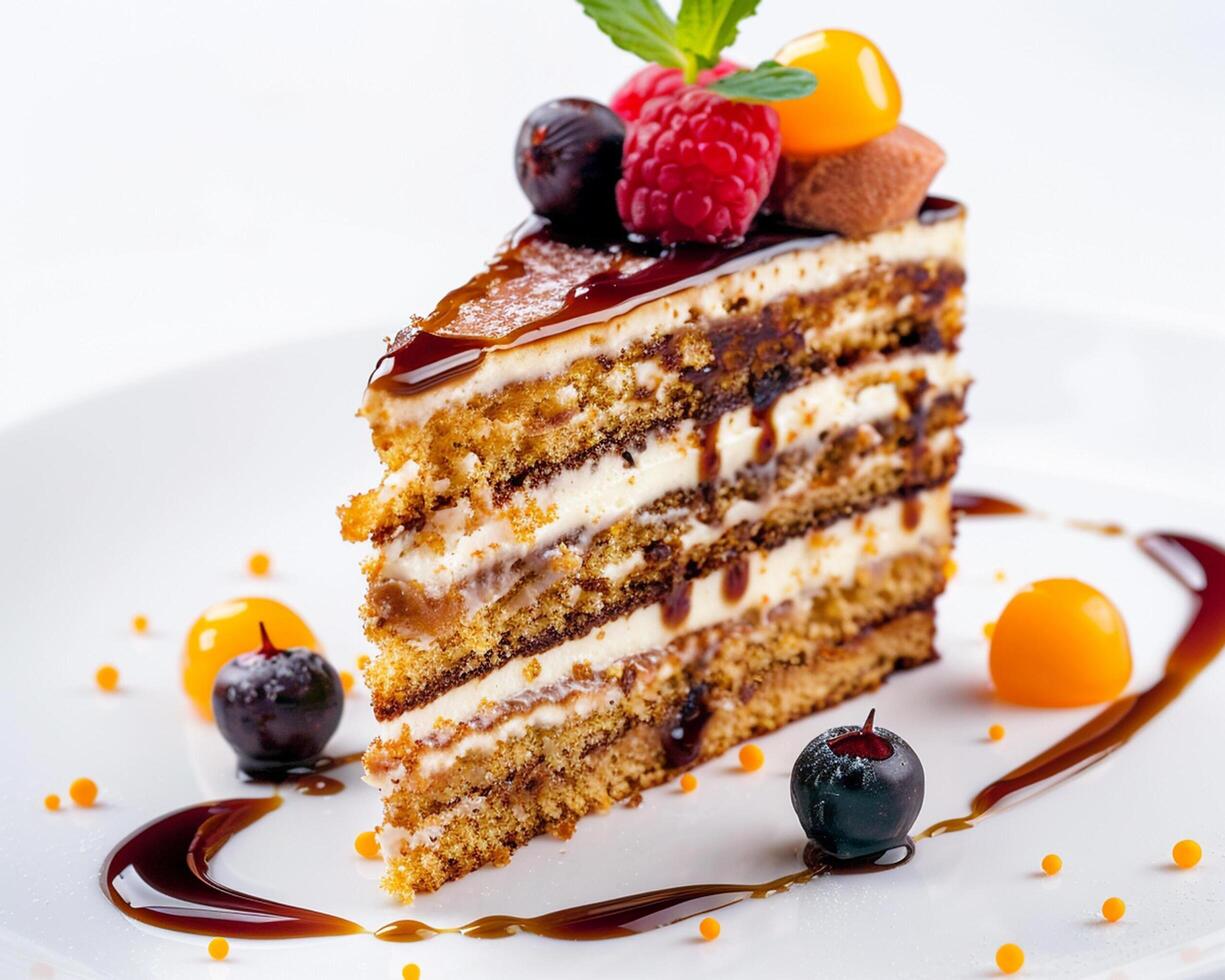 a piece of cake with berries and cream on a white plate photo