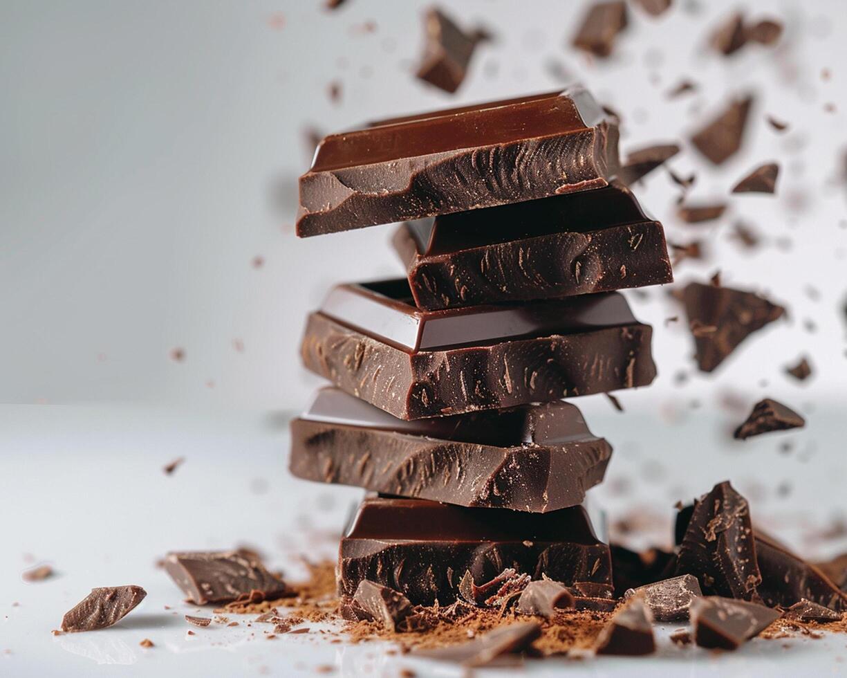 Chocolate falling from a stack of chocolate bars photo