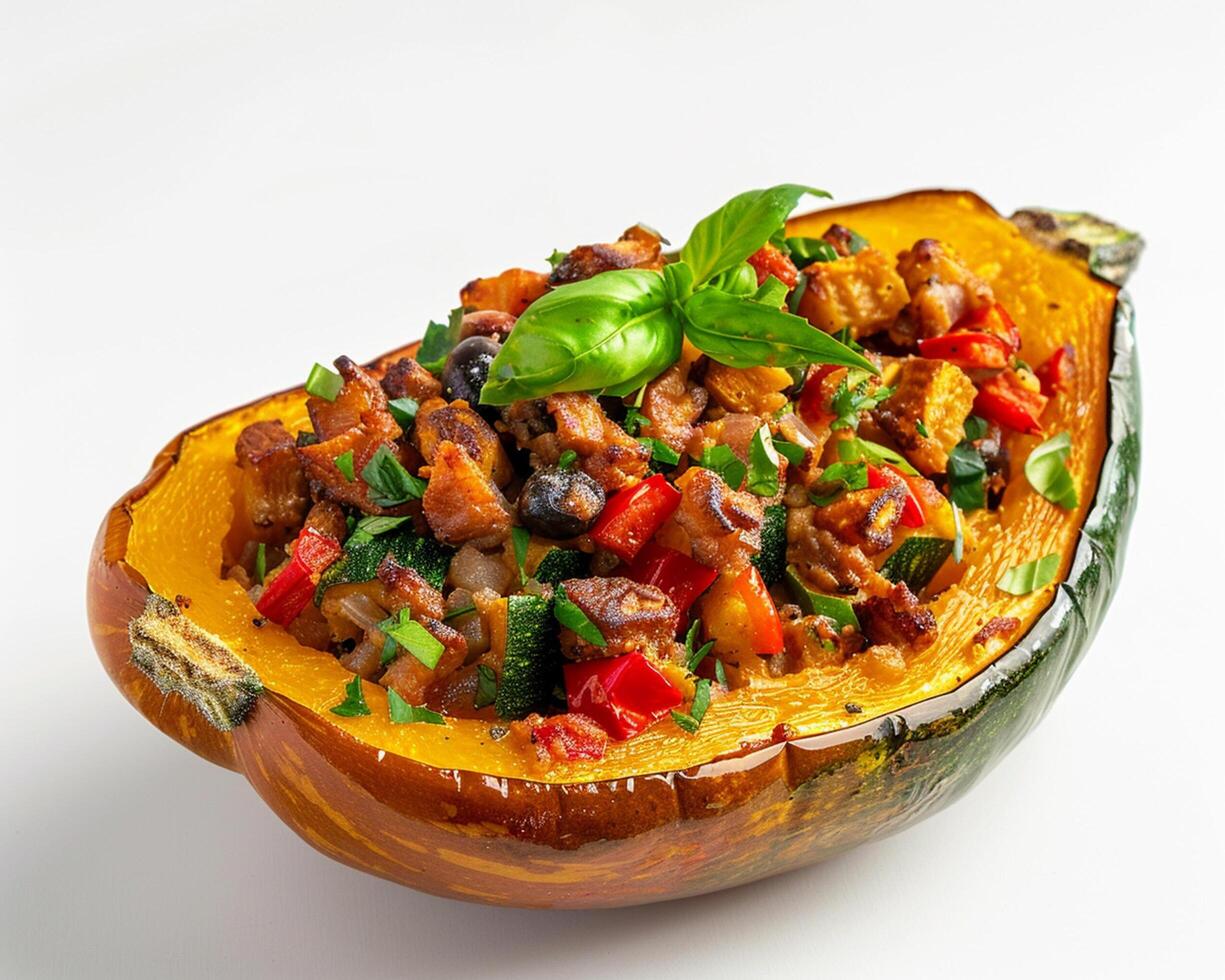 A stuffed squash with vegetables on top photo