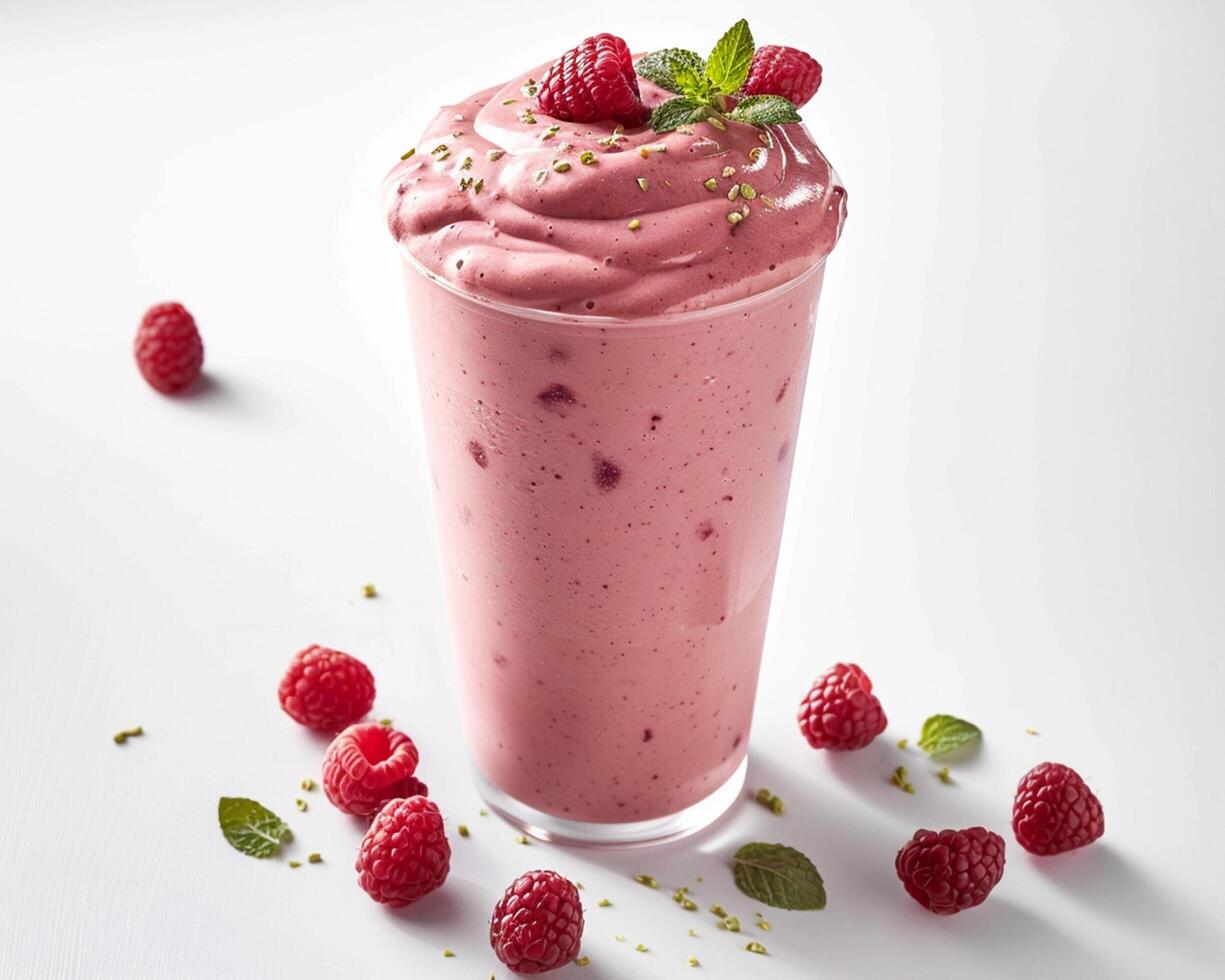 A raspberry smoothie with fresh raspberries and mint leaves photo