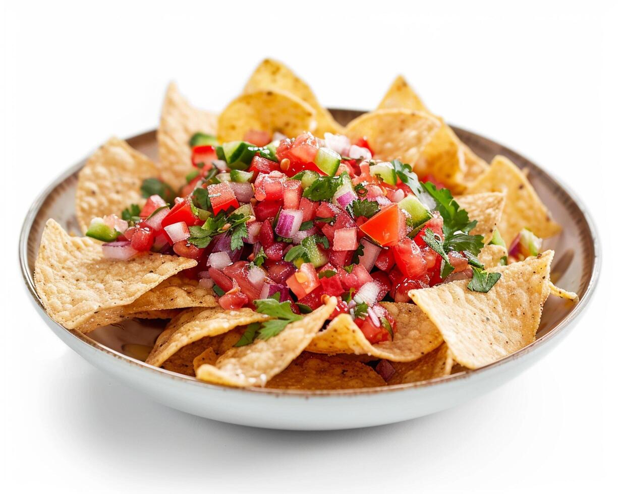 nachos with salsa and tomatoes in a bowl photo